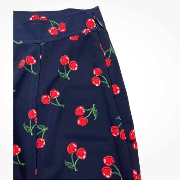 Talbots Cherry Print Flare Skirt, Size 10, Navy Blue Red Side Zip A Line - Picture 2 of 6